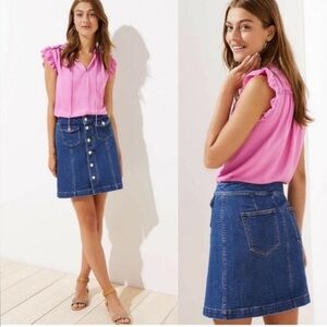 LOFT Blue Denim Skirt Button Up Front Back Pockets Size 10